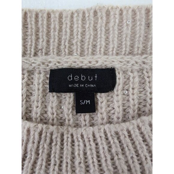 Debut Cropped Crewneck Sweater Womens S/M Beige Sequin Rib Knit Casual Everyday - Picture 6 of 9